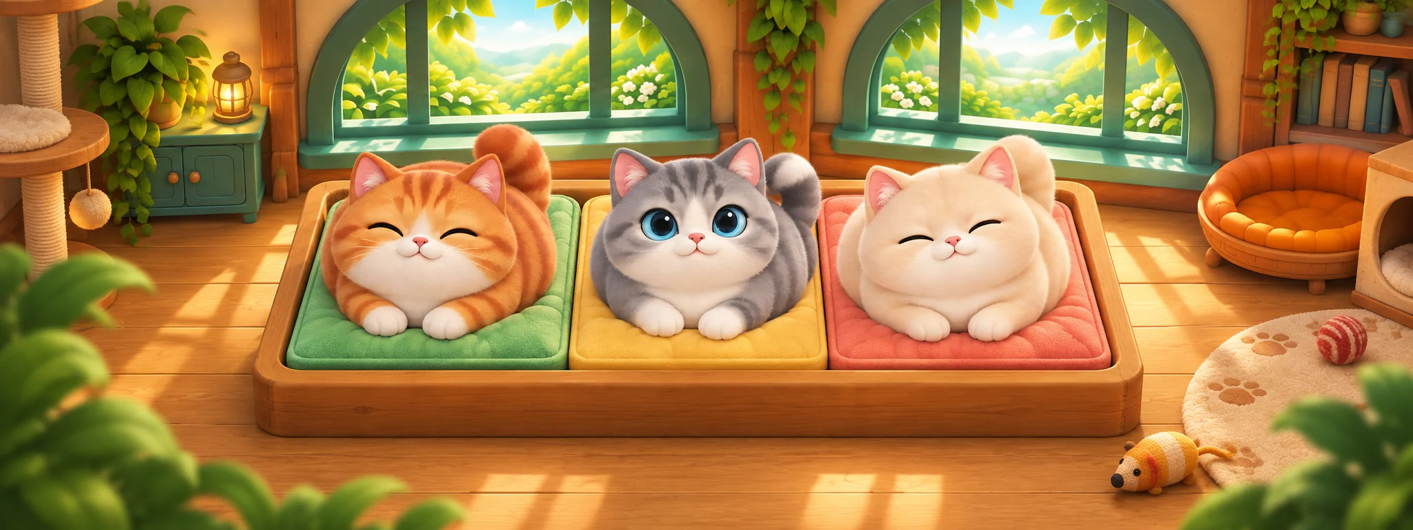 Three contented cats in the sunlit world of Kotel